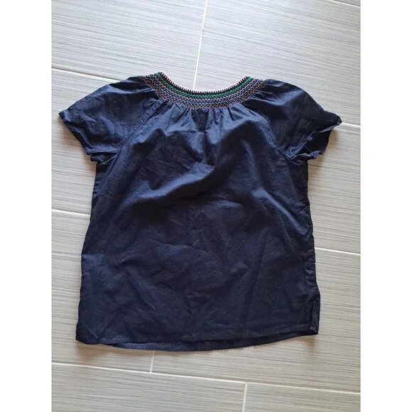 Talbots Petites Navy Heavily Embroidered Floral Blouse M/P Cotton Short Sleeve - Picture 9 of 10